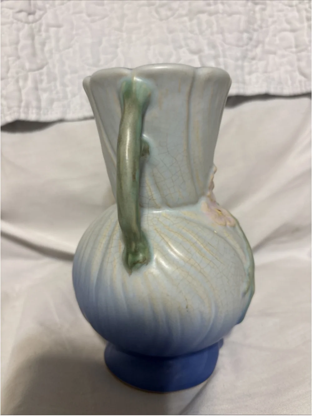 Weller Pottery Roba R-2 Double Handled Vase 1927-35 Blue with Mauve Flowers 6.5”